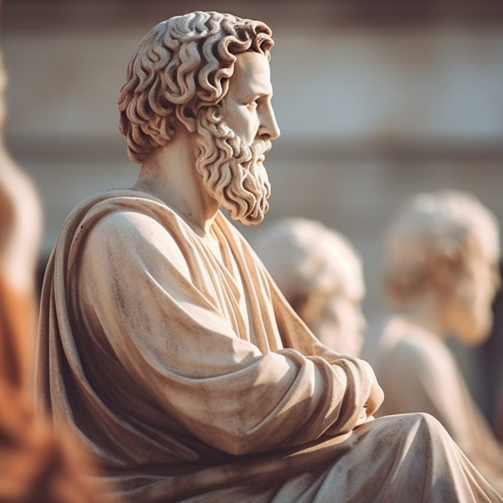 Ancient Greek philosopher statues, philosophy, blurred background